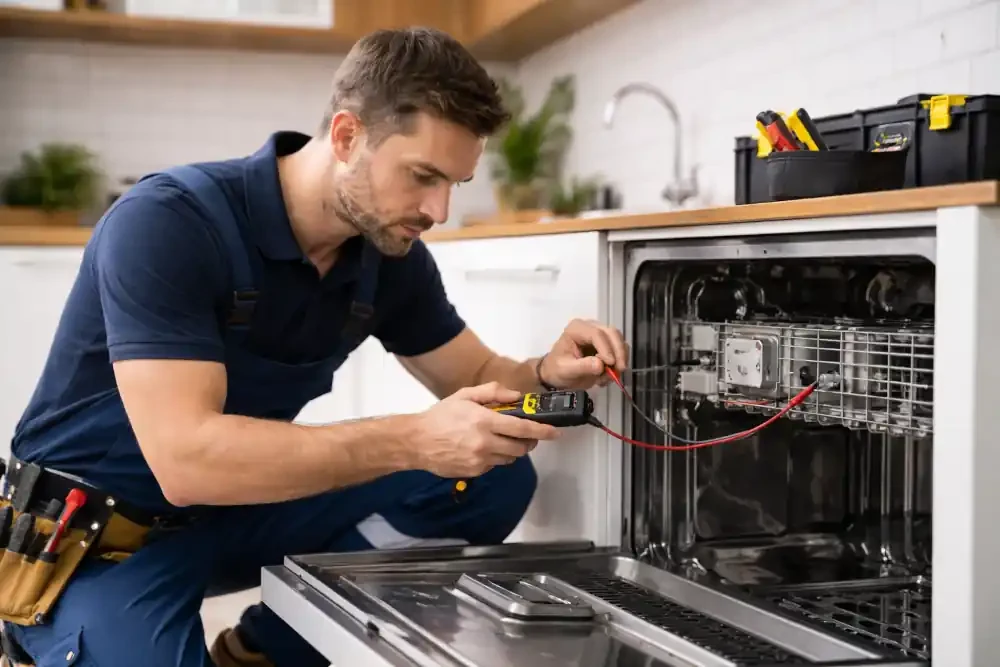 Appliance technician using a meter to inspect an open dishwasher